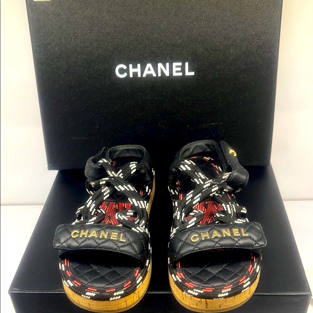 CHANEL Leather & Rope Dad Quilted Sandals Authentic - Picture 1 of 12